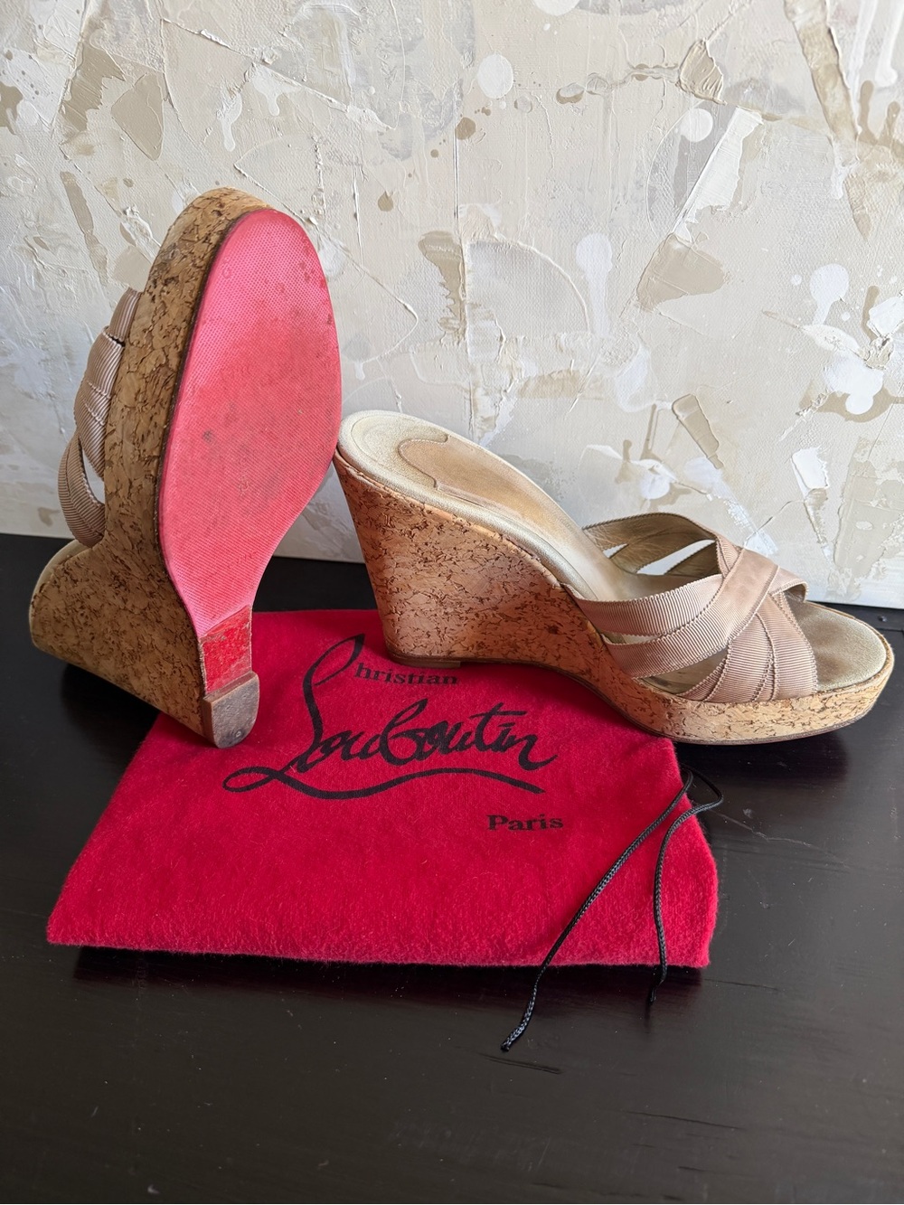 Christian Louboutin Beige Satin Cork Wedge Sandals with Red Soles